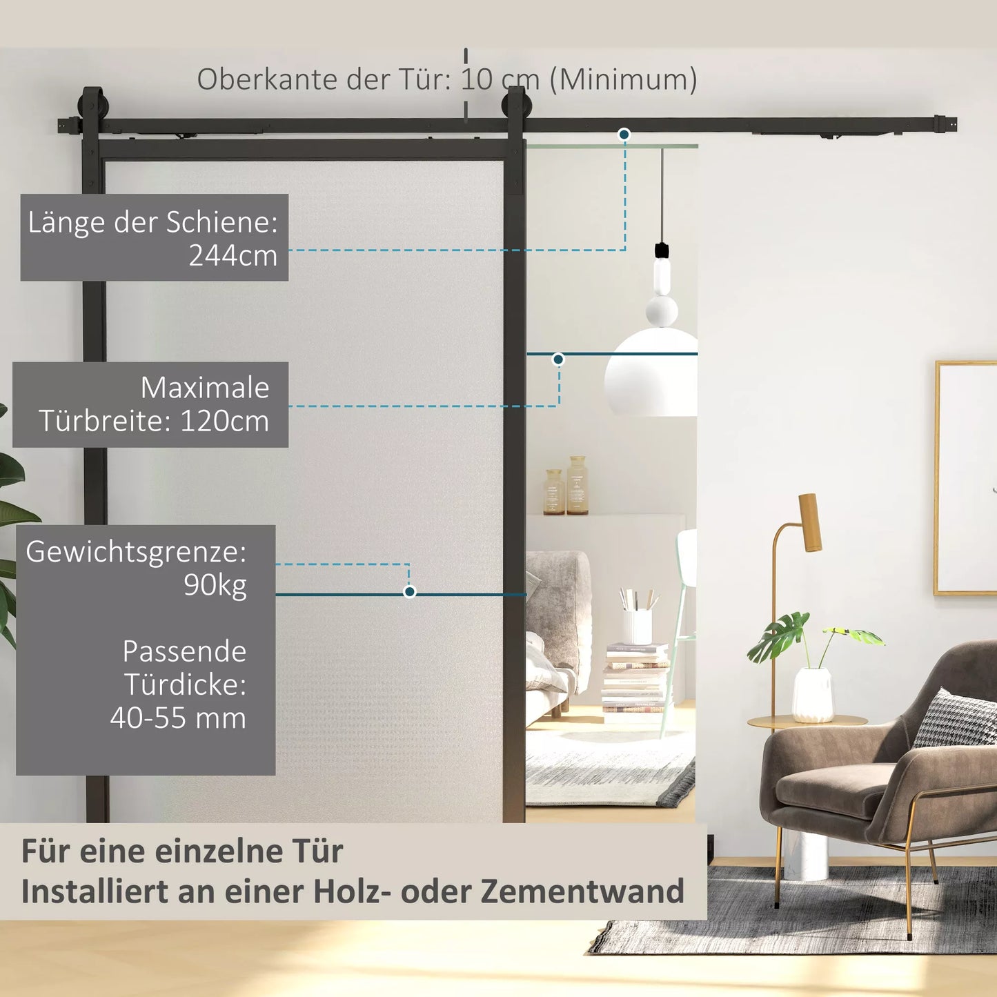 Stumdomų durų komplektas, tylus ir lengvai atidaromas, medinėms ir cementinėms sienoms, 244cm, plienas, juodas