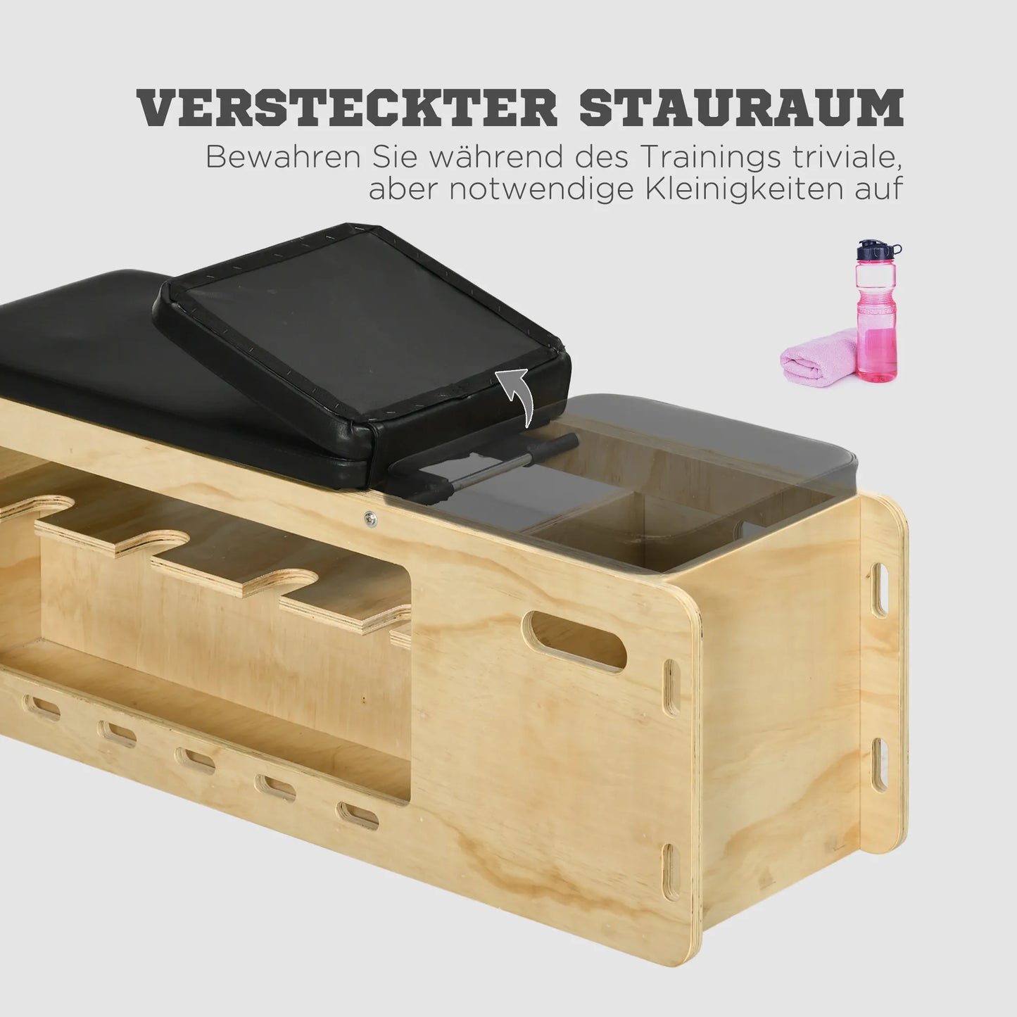 Treniruočių suolas su hantelių atrama, 1 laikymo krepšys, reguliuojamas 6 padėtimis, masyvmedis, natūrali + juoda spalva