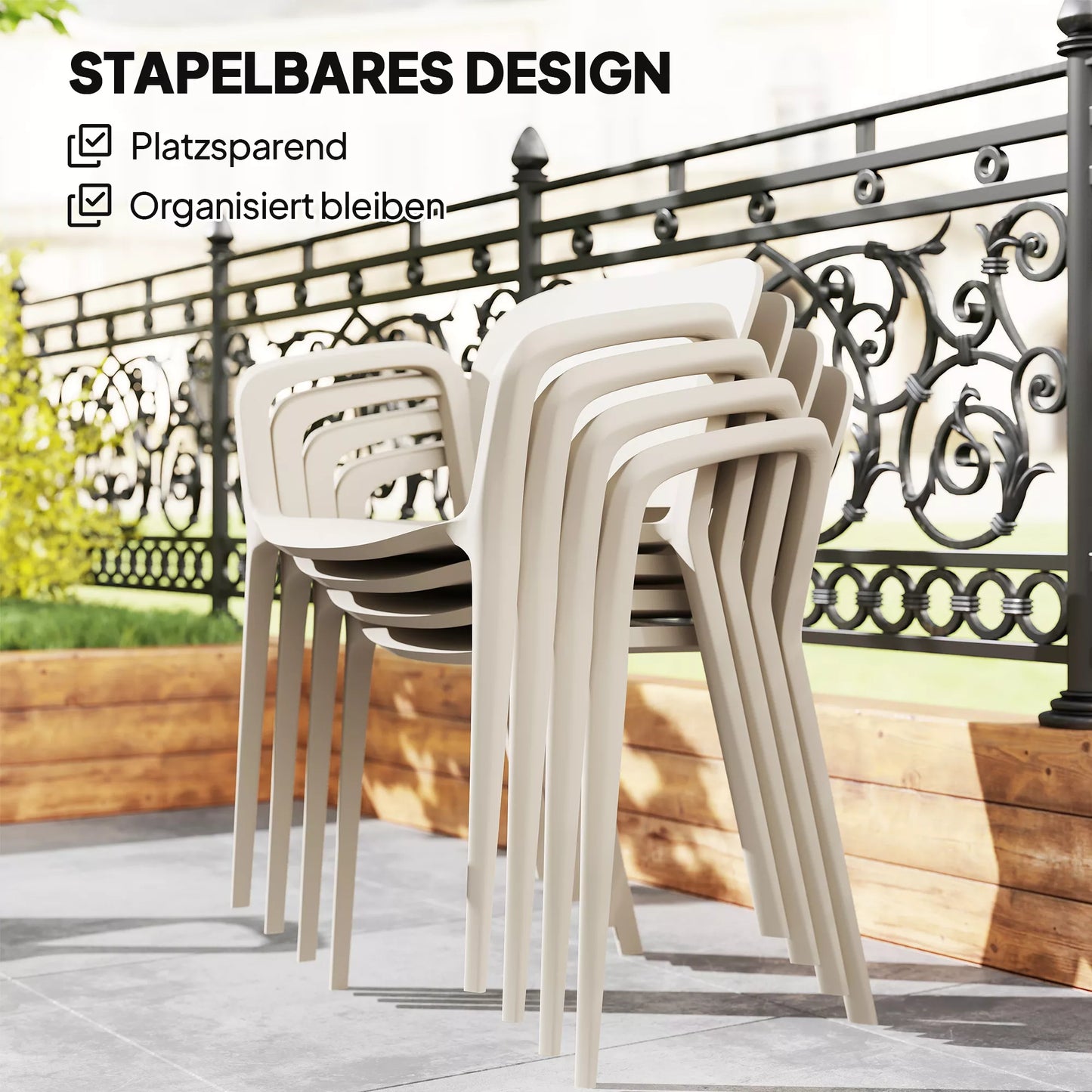 Lauko kėdžių rinkinys iš 4 vnt., atsparus oro sąlygoms, pagamintas iš plastiko, sukraunama kėdė su porankiais, atlošu, atlaiko iki 120 kg