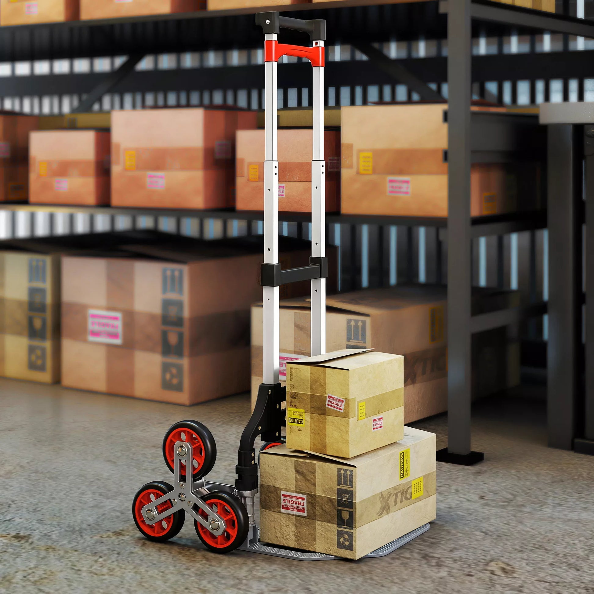 Sulankstomas laiptų kopiklis-vežimėlis, 6 ratų sistema, kelia 70 kg, aliuminis, raudonas