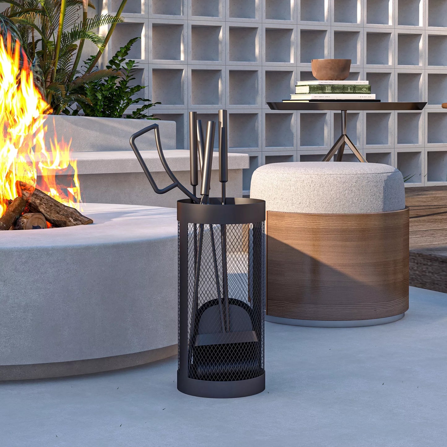 5 dalių židinio įrankių komplektas: šluota, kastuvas, žnyplės, pakūros pagaliukas ir krepšys, pagamintas iš ugniai atsparaus juodo metalo