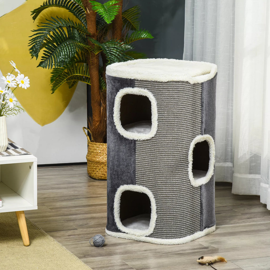 Kratztonne für Katzen Katzenkratzbaum 3 Ebenen Katzenbaum Kletterbaum für Katzen Katzenmöbel Spanplatte samtartem Polyester Sisal Grau+Weiß 40 x 40 x 74 cm