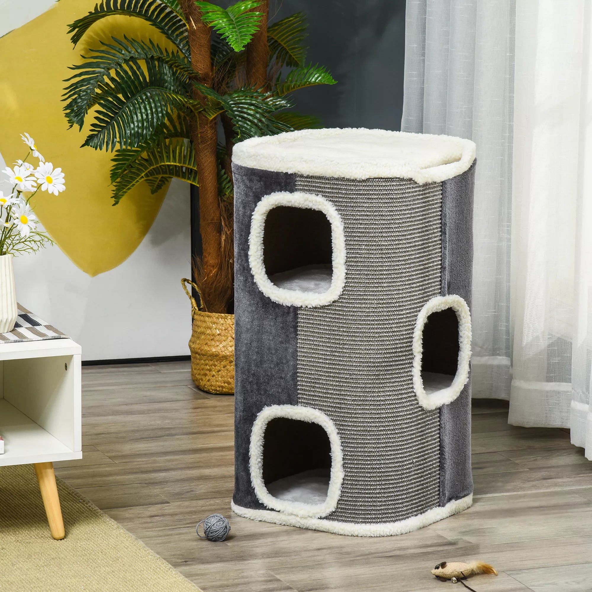 Kratztonne für Katzen Katzenkratzbaum 3 Ebenen Katzenbaum Kletterbaum für Katzen Katzenmöbel Spanplatte samtartem Polyester Sisal Grau+Weiß 40 x 40 x 74 cm