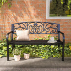 Metalinė sodo suolelė, gėlių dizainas, 2 vietų, 240 kg apkrova, plienas, 127L x 60B x 87H cm, juoda
