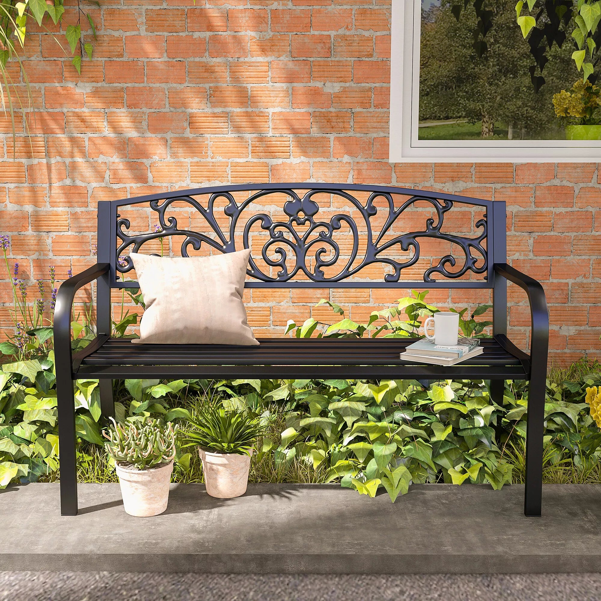 Metalinė sodo suolelė, gėlių dizainas, 2 vietų, 240 kg apkrova, plienas, 127L x 60B x 87H cm, juoda
