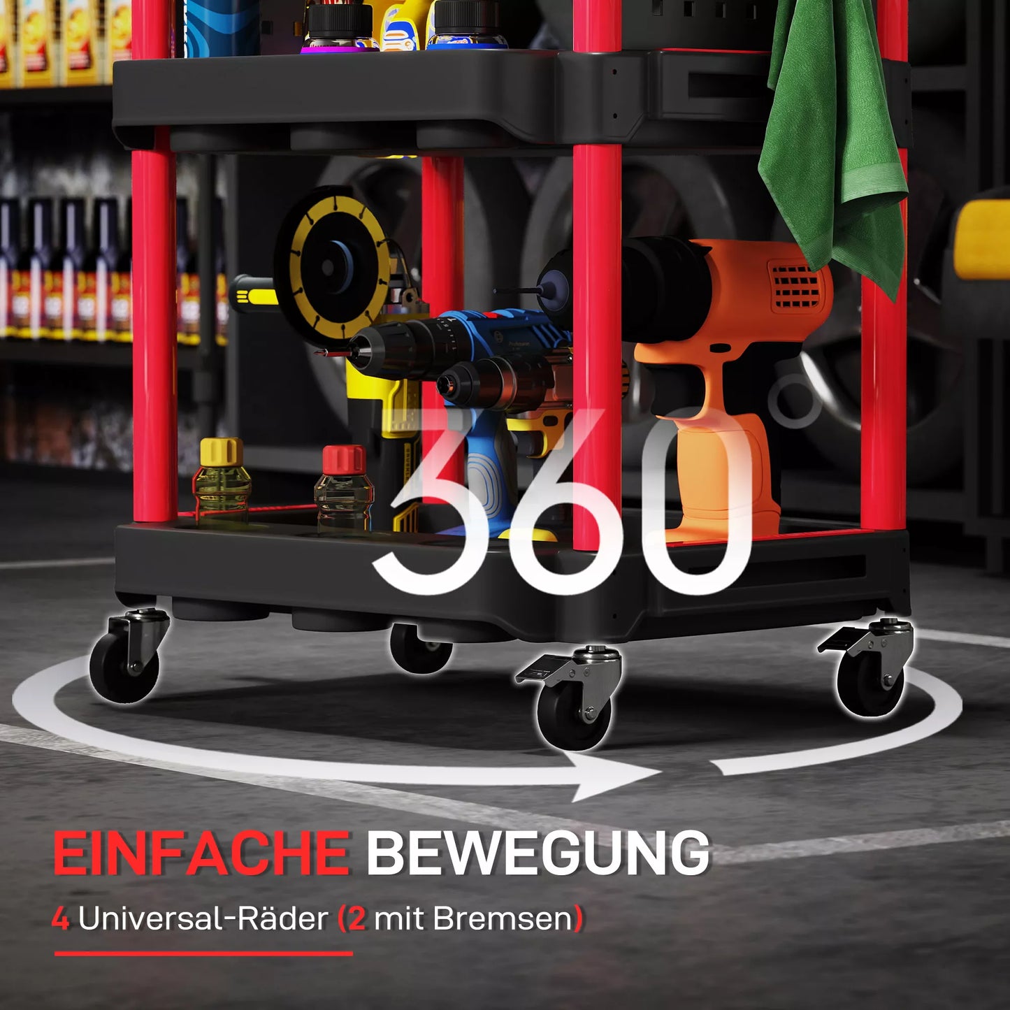 Įrankių vežimėlis, trijų pakopų lentynos, 4 ratai, plastikas, 10 kabliukų, raudonas