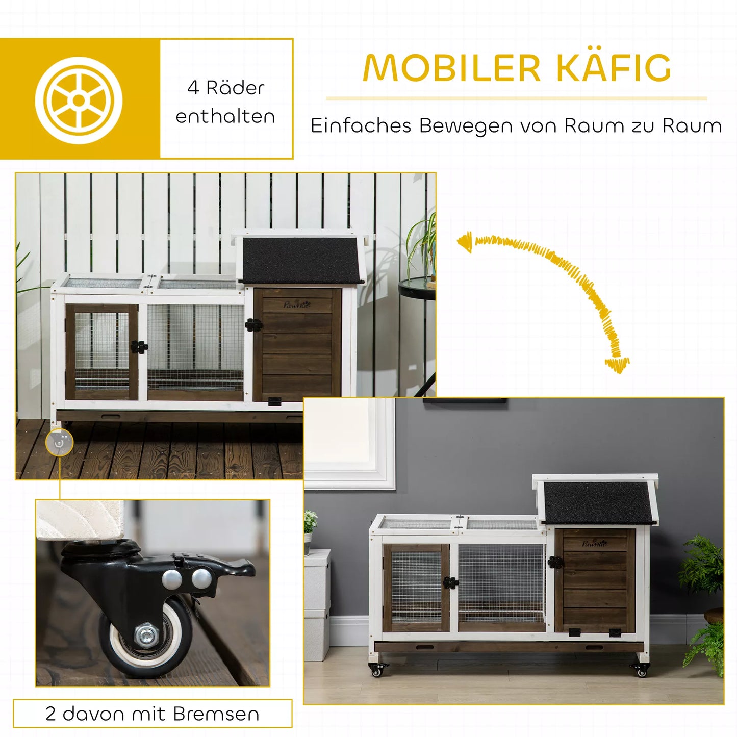 Mažųjų gyvūnėlių namelis triušiams nykštukams, jūrų kiaulytėms, su ratukais, 108 x 58 x 73,5 cm, kavos spalvos