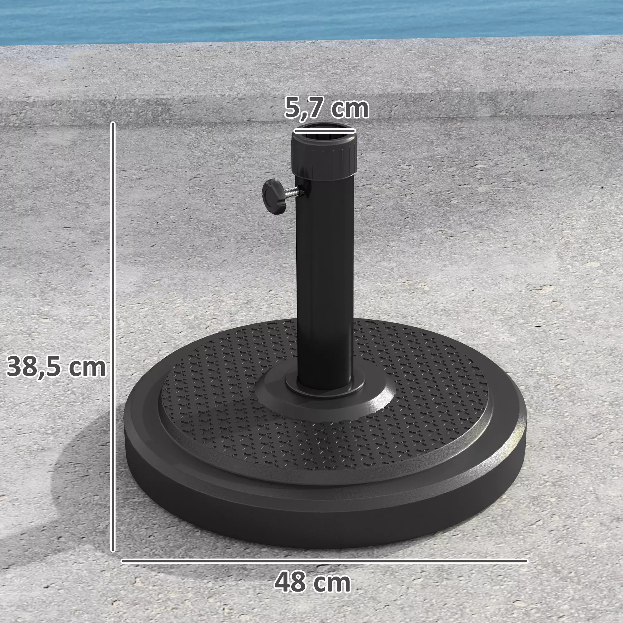 Cementinis skėčio stovas, 22 kg, apvalus stovas su fiksavimo rankenėle, skirtas 38 mm / 48 mm skėčiams