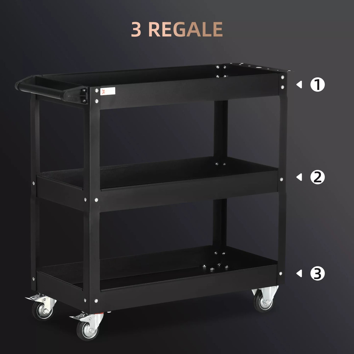 3 pakopų įrankių vežimėlis, 4 ratai, plienas, 83P x 35,3G x 76A cm, juodas