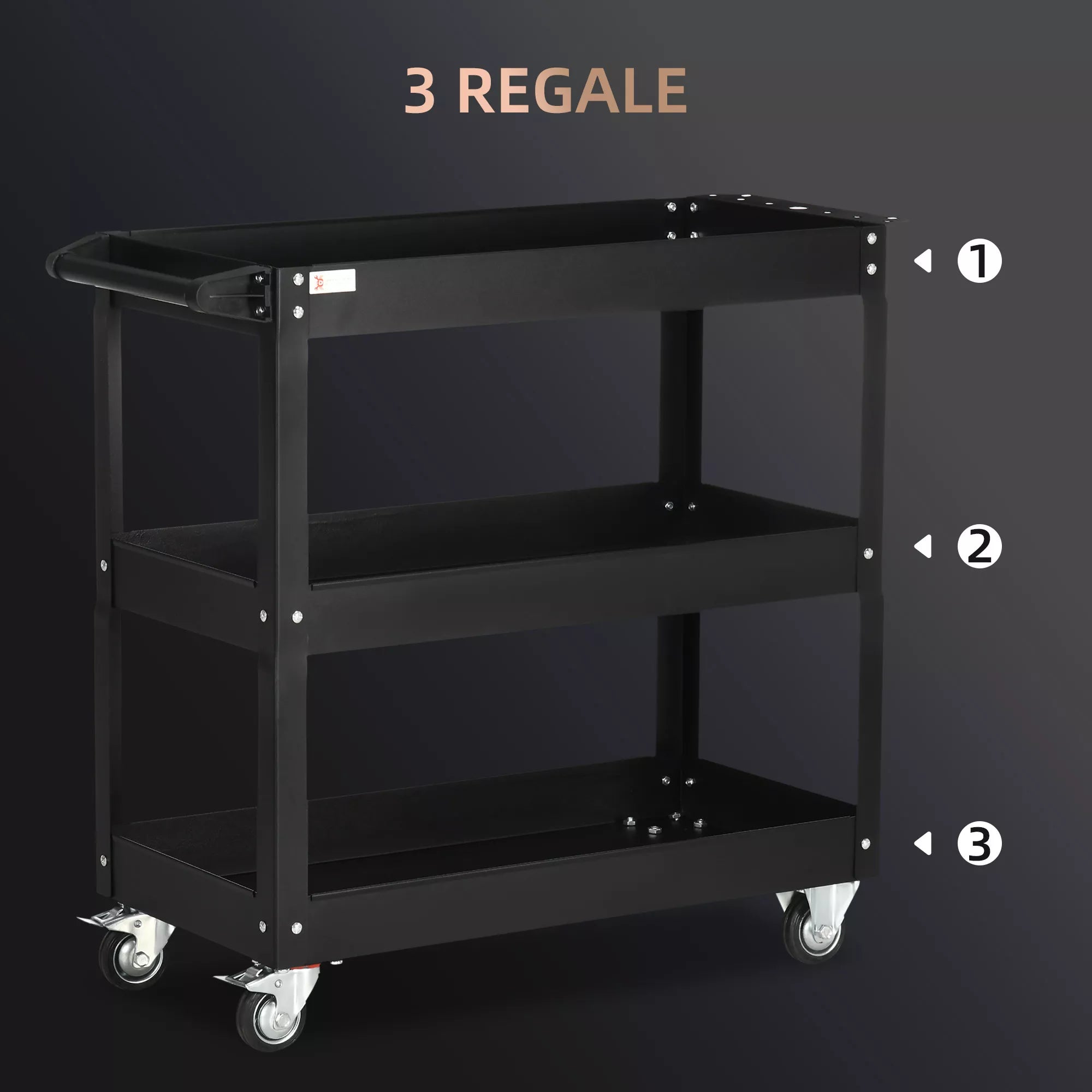 3 pakopų įrankių vežimėlis, 4 ratukai, plienas, 83B x 35,3T x 76H cm, juodas