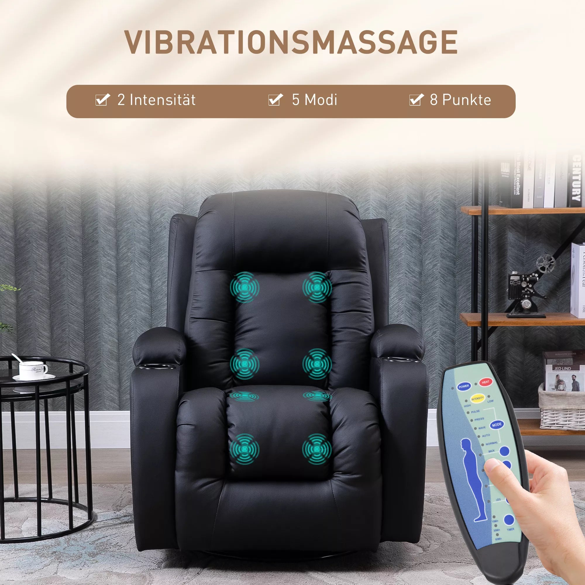 Masažinis krėslas, relaksacinis krėslas, sūpynės funkcija, 8 vibracijos taškai, su nuotolinio valdymo pulteliu, juodas