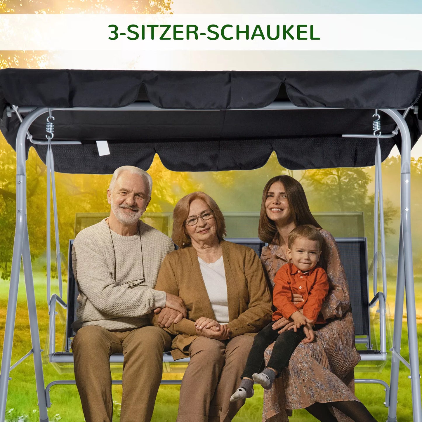 Hollywood sūpuoklės su reguliuojamu stogeliu nuo saulės, 3 vietų sodo sūpuoklės su neslystančiomis kojelėmis, sūpuoklinis suoliukas atlaiko iki 240 kg, sodo gultas sodui, terasai, 171x108x150cm, juodos spalvos