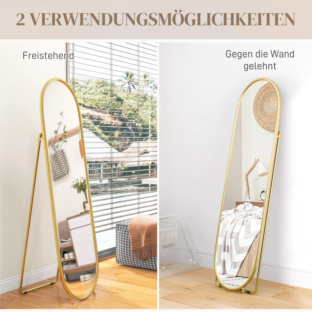 Visą kūną atspindintis veidrodis, ovalo formos, stovintis, metalinis rėmas, 40x160 cm, spalva: auksinė