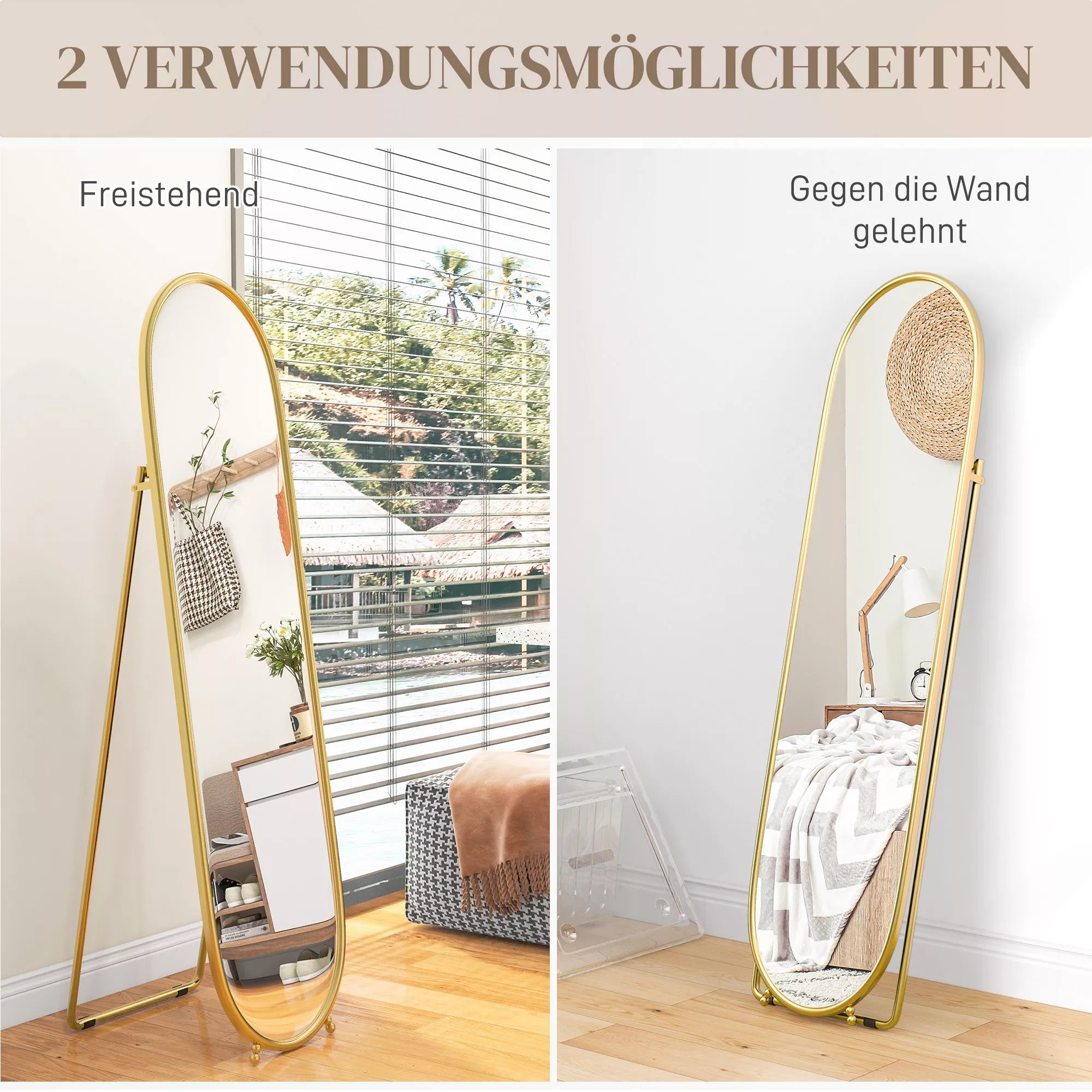 Visą kūną atspindintis veidrodis, ovalo formos, stovintis, metalinis rėmas, 40x160 cm, spalva: auksinė