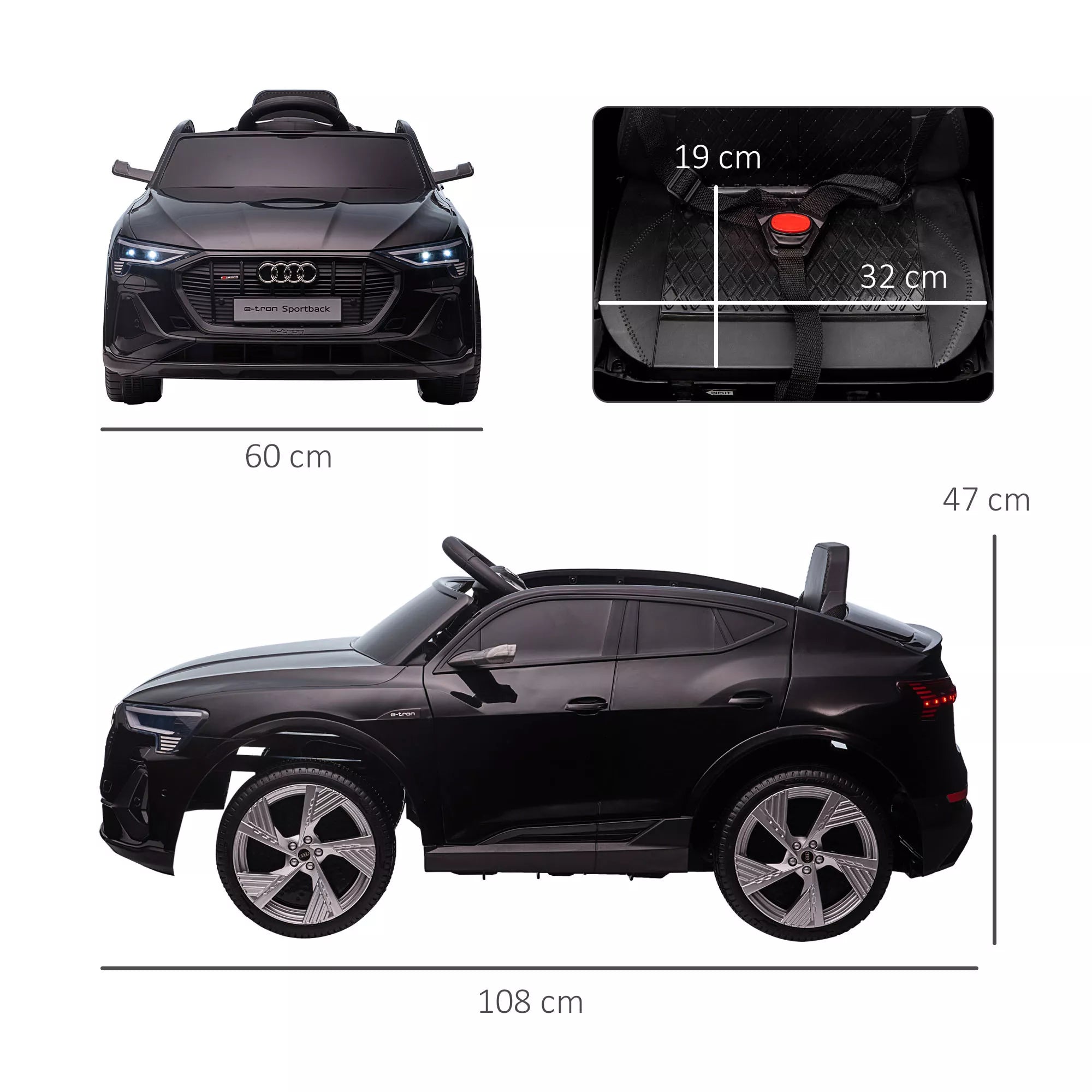 Elektrinis vaikų automobilis 12 V elektrinis automobilis „Audi E-tron“ su nuotolinio valdymo pultu, saugos diržu, muzika (MP3/USB/TF), vaikų automobilis vaikams nuo 3 iki 5 metų, 3–5 km/h, juodos spalvos