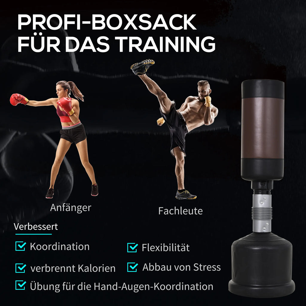 Stovintis bokso maišas su boksuojančių žmonių pavyzdžiais