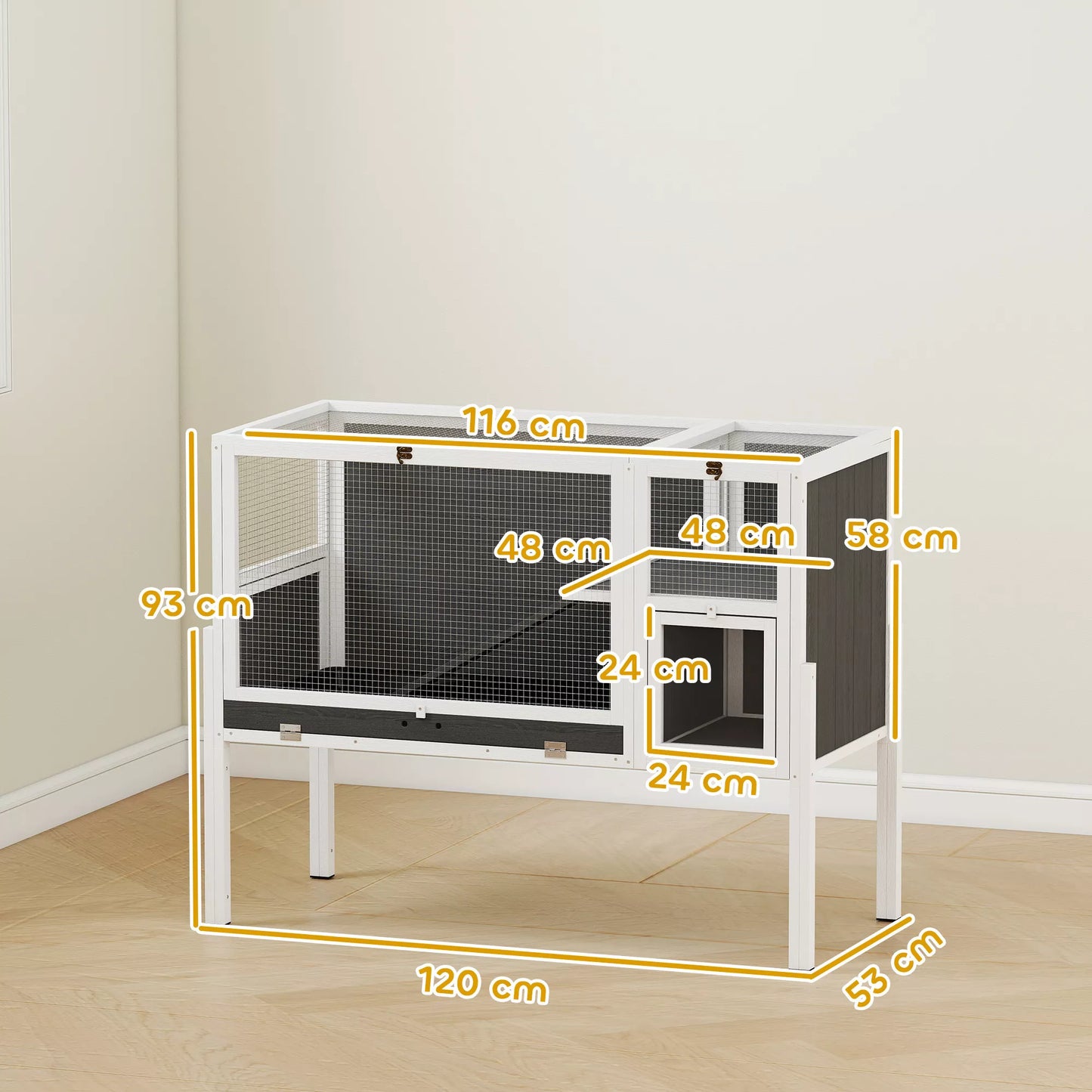 Mažų gyvūnų narvas nykštukiniams žiurkėnams, triušiams, jūrų kiaulėms, su priedais, pakeltas dizainas, medis, metalas, pilkos spalvos