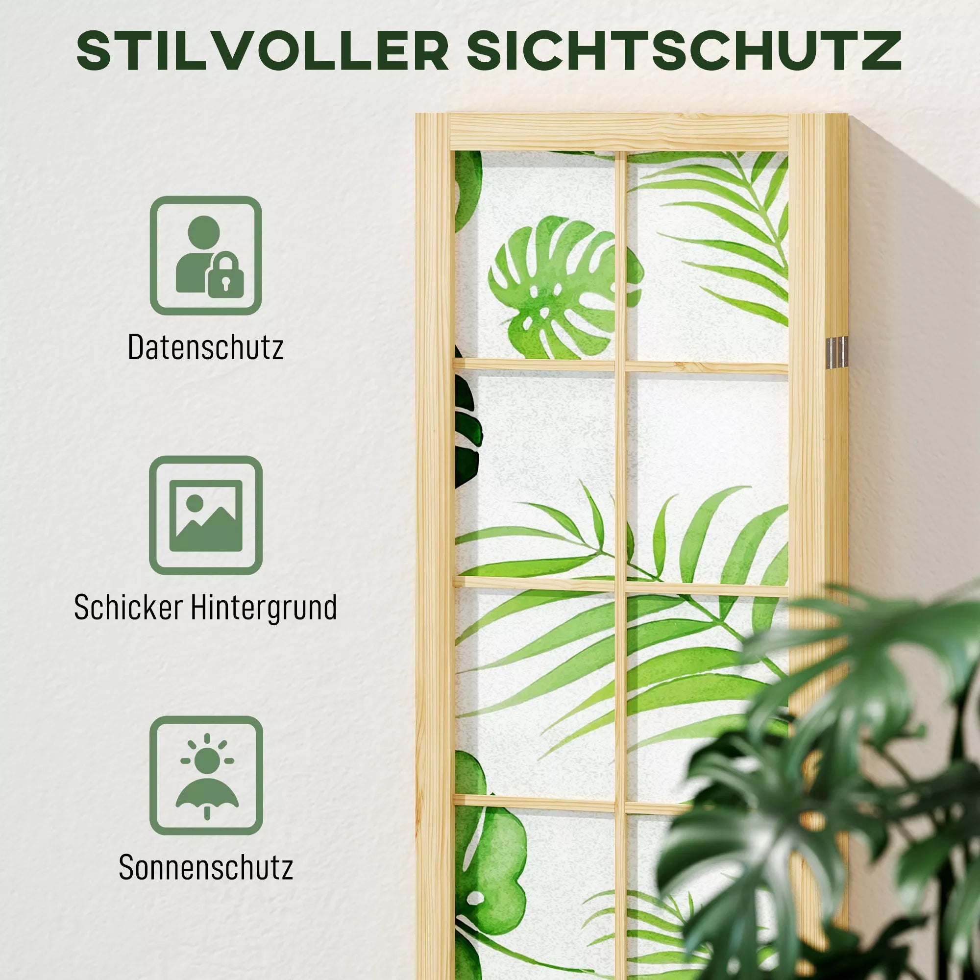 Dalinė pertvara kambariui su tropiniu Boho motyvu, 4 dalių sulankstoma širma-namų erdvei, medinis rėmas ir drobė, 160x170x2 cm, žalia