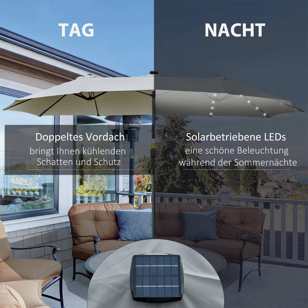 Skėtis su LED Solar 4,5 m Dvigubas skėtis Sodo skėtis Turgaus skėtis Terasos skėtis Ovalus Šviesiai pilkas + juodas