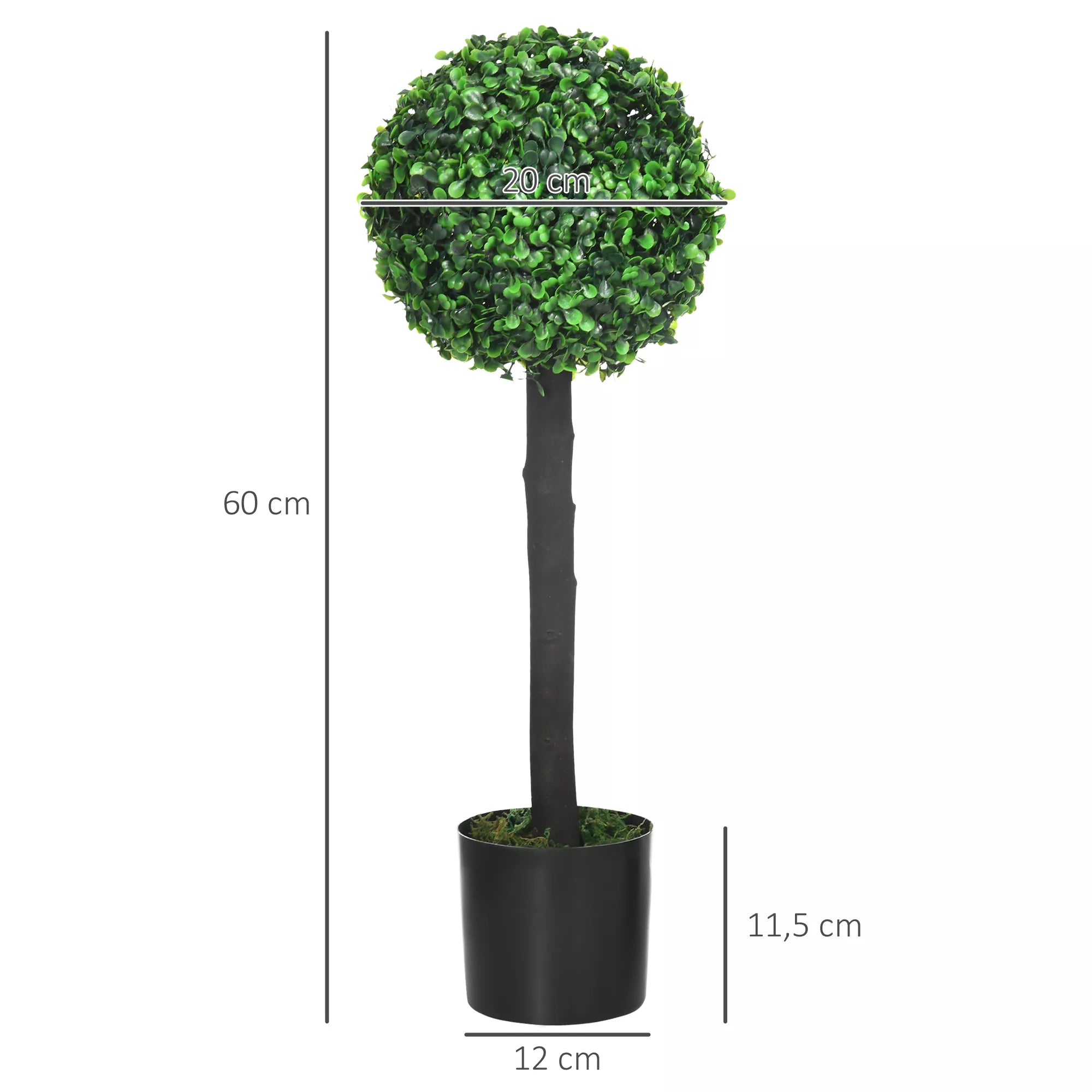 2 vnt. rinkinys Dirbtinio buksmedžio, 2 buksmedžiai, Lauko, 20 cm x 20 cm x 60 cm, Žalia + ruda + juoda