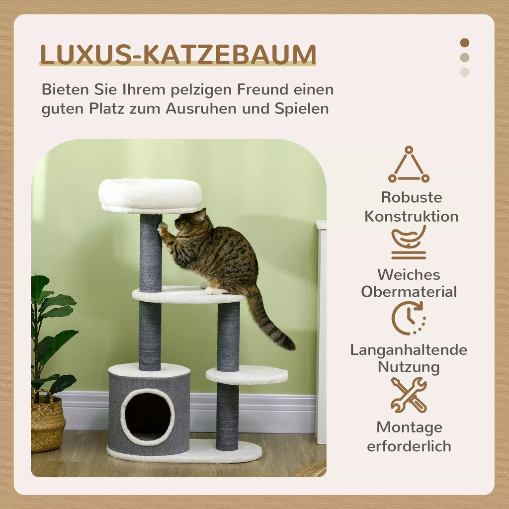 PawHut kačių medis su 1 katės guoliu, 1 kačių lovyte, 2 platformomis, stulpeliais su jutės virve, balta + pilka PawHut