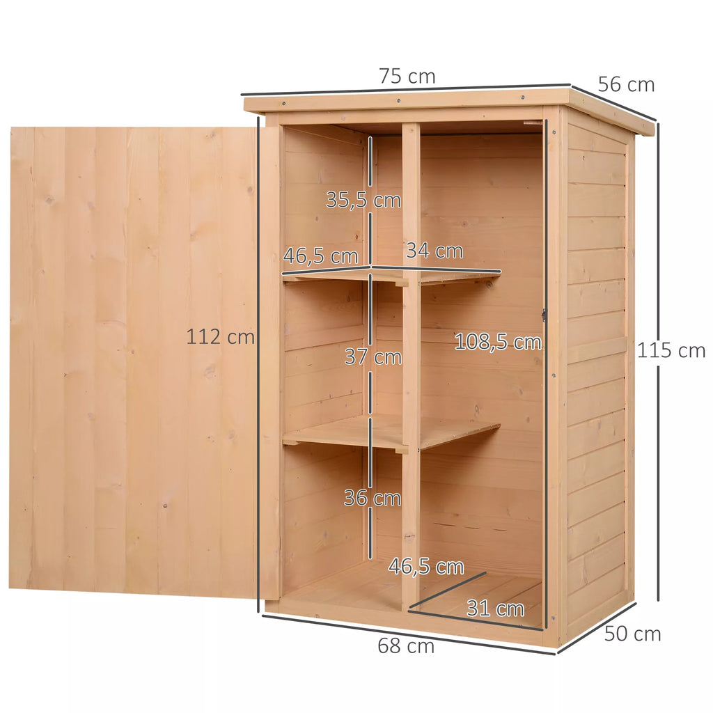 Schema su sandėliuko matmenimis: 75 × 56 cm, aukštis 115 cm