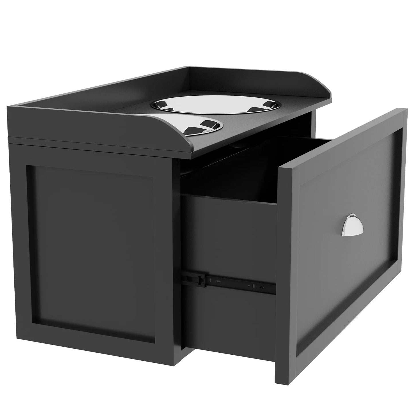 Šėrimo stotelė, 2 dubenėliai po 2 litrus, nerūdijančio plieno, su stalčiumi, dideliems šunims, juoda+sidabrinė, 60 x 30 x 36 cm