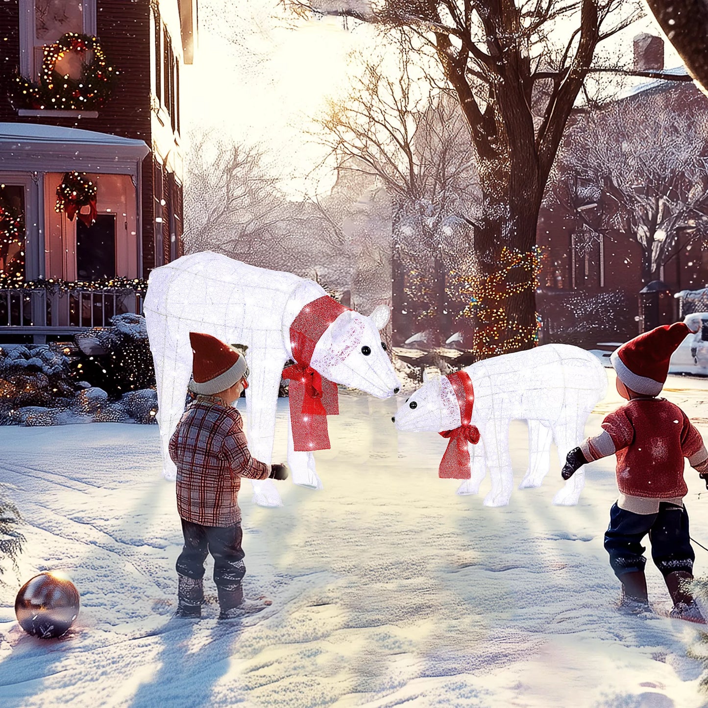 2 dalių kalėdinė dekoracija su baltuoju lokiu, 140 baltų LED, atspari vandeniui, su laikmačiu, skirta naudoti viduje ir lauke
