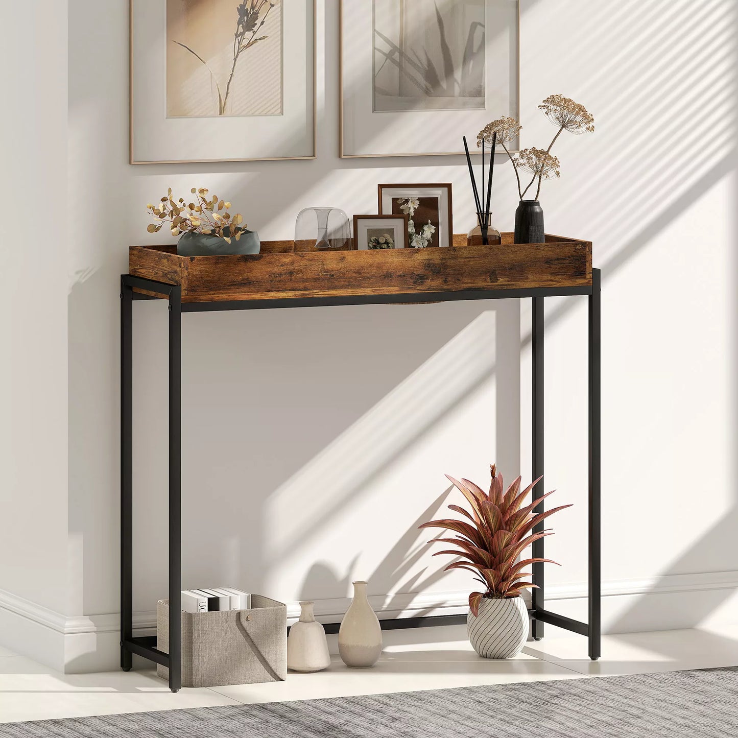 Koridoriaus stalas, siauras konsolinis stalas, metalas, medžio drožlių plokštė, rusvi
