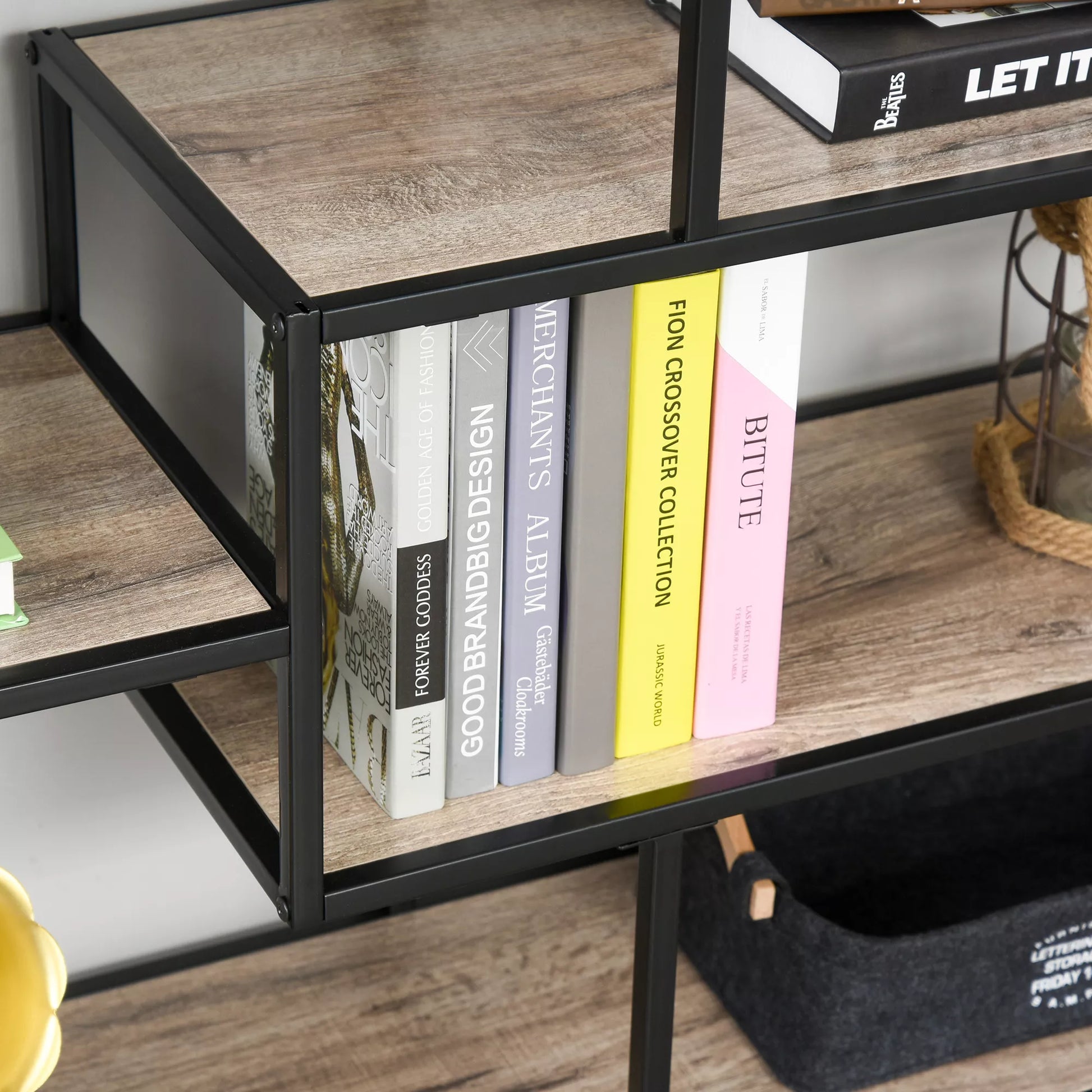 Pastolinė lentyna, knygų lentyna, sandėliavimo lentyna, pramoninio stiliaus, dokumentų lentyna, virtuvės lentyna, P2 medžio drožlių plokštė, metalas, juoda+šviesi ąžuolo spalva, 120 x 32 x 95 cm