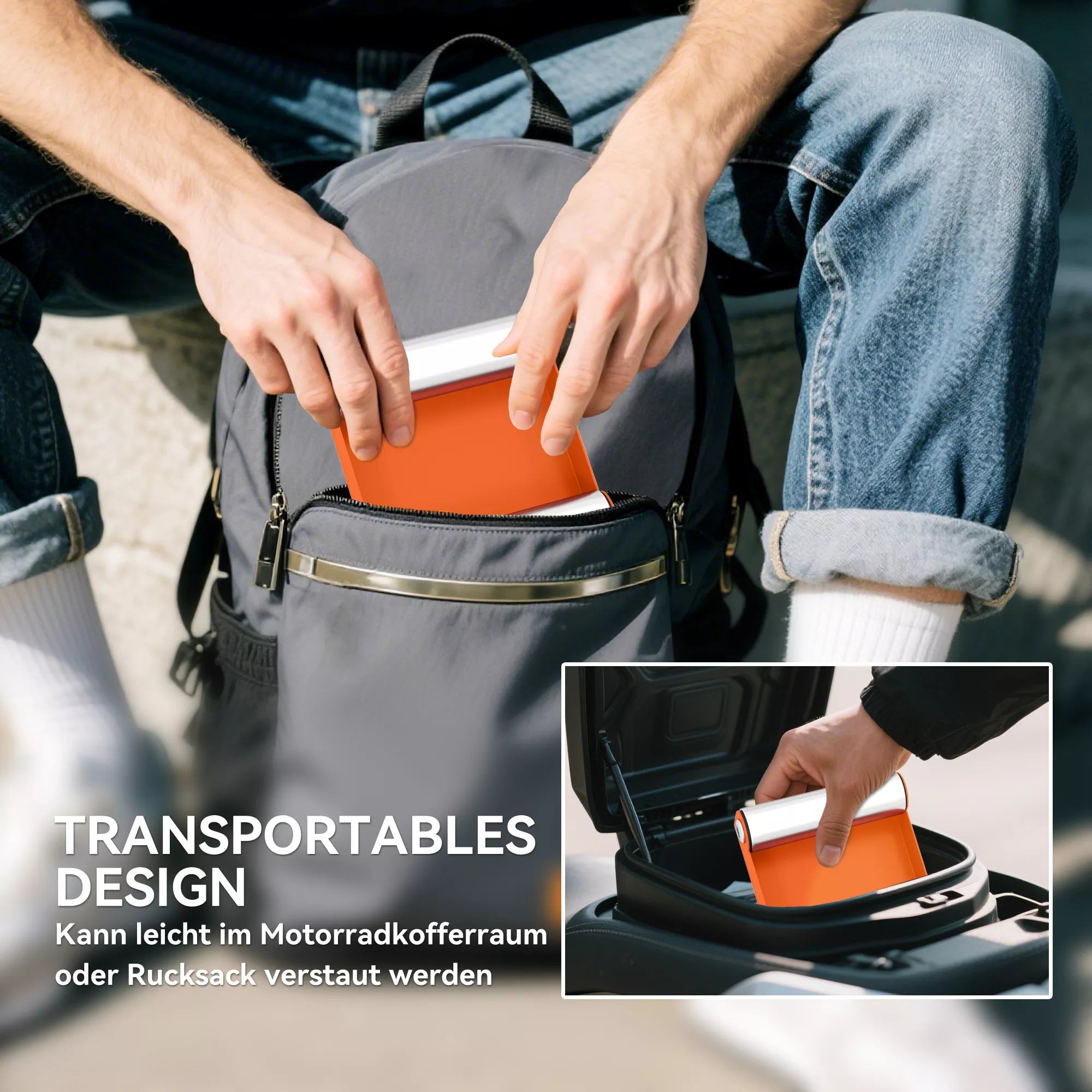 Žmogus deda motociklo ratą ant oranžinio valymo stovo
