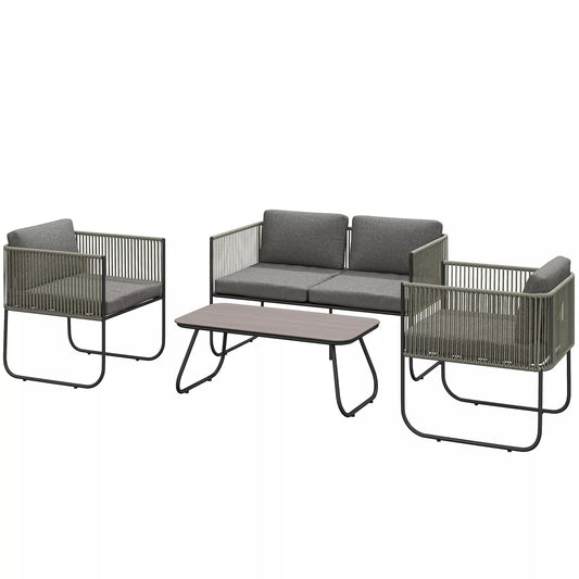 Lauko baldų komplektas iš poliratano, Lounge tipo komplektas su sofa, foteliu, stalu ir pagalvėlėmis, atsparus oro sąlygoms, 116 x 60 x 69 cm, ruda+tamsiai pilka