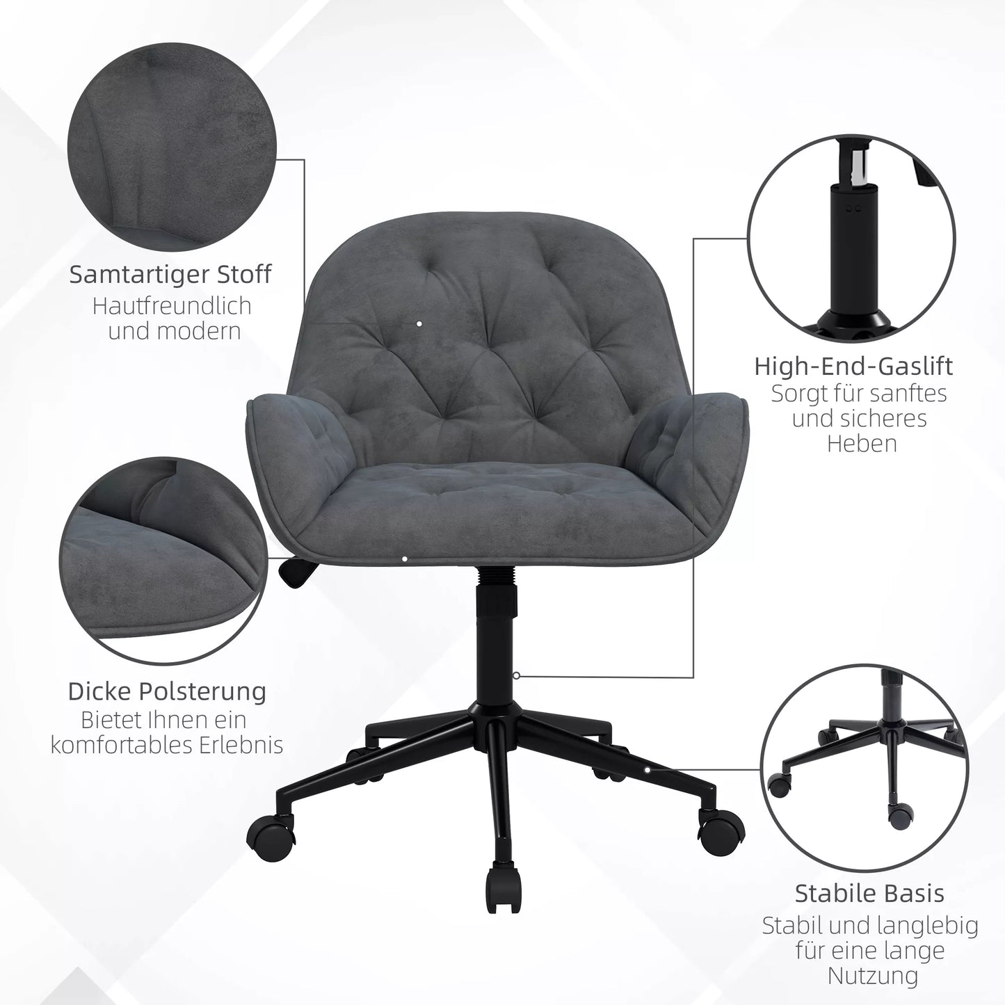 Biuro kėdė, rašomojo stalo kėdė, kompiuterio kėdė, reguliuojamo aukščio, aksominės išvaizdos, pilka