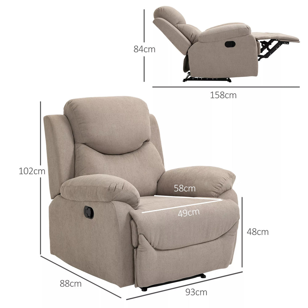 Atlošiamas krėslas, vienvietė sofa, gultas, 150° atlenkiamas televizoriaus krėslas, atlošiamas fotelis su miego funkcija svetainei, linas, smėlio spalvos, 93 x 88 x 102 cm