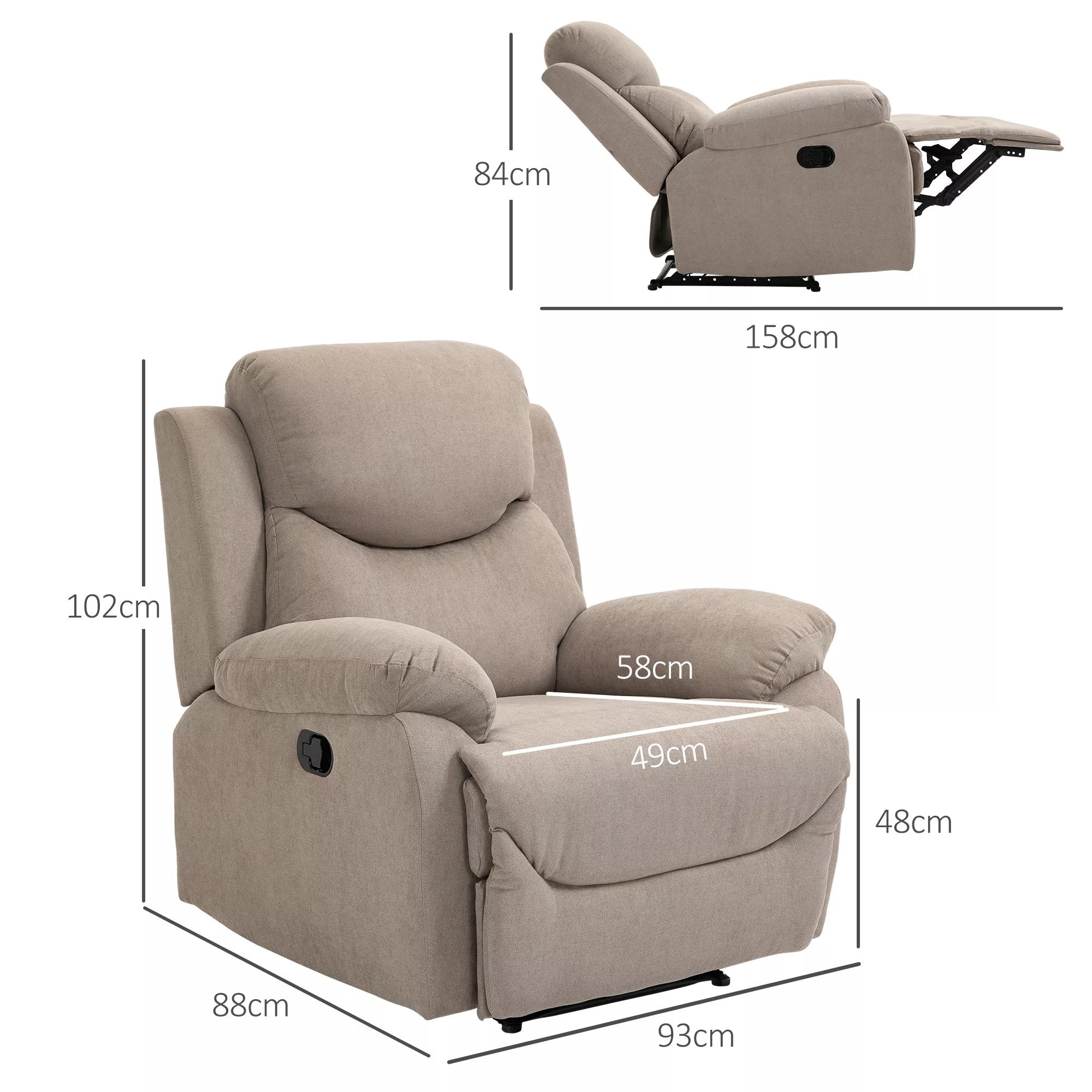 Atlošiamas krėslas, vienvietė sofa, gultas, 150° atlenkiamas televizoriaus krėslas, atlošiamas fotelis su miego funkcija svetainei, linas, smėlio spalvos, 93 x 88 x 102 cm