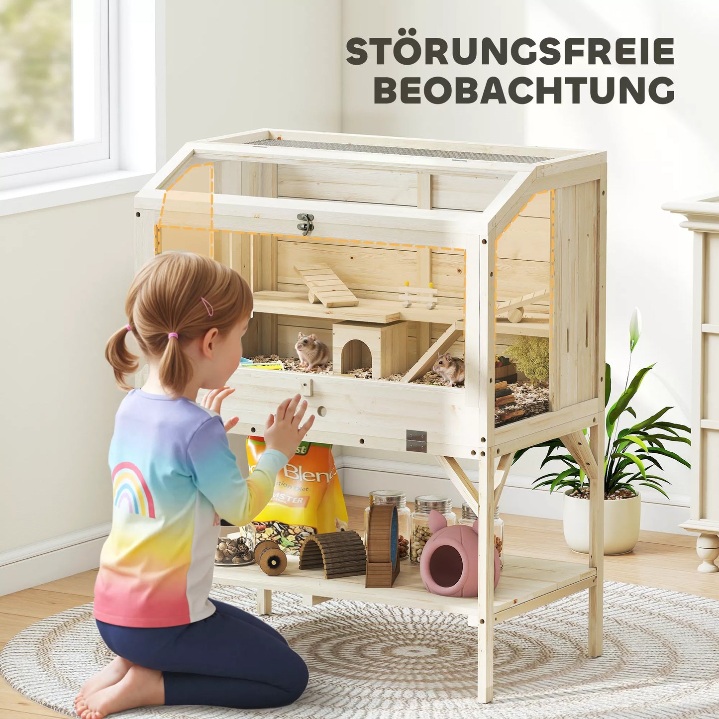 Hamsterio narvelis, 2 lygiai, narvelis smulkiesiems gyvūnams su daiktų laikymo skyriumi, priedai, 84 x 53 x 110 cm, natūralus medis