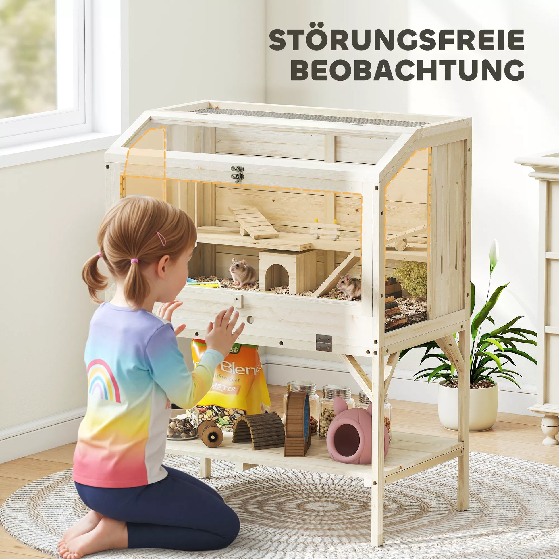 Hamsterio narvelis, 2 lygiai, narvelis smulkiesiems gyvūnams su daiktų laikymo skyriumi, priedai, 84 x 53 x 110 cm, natūralus medis