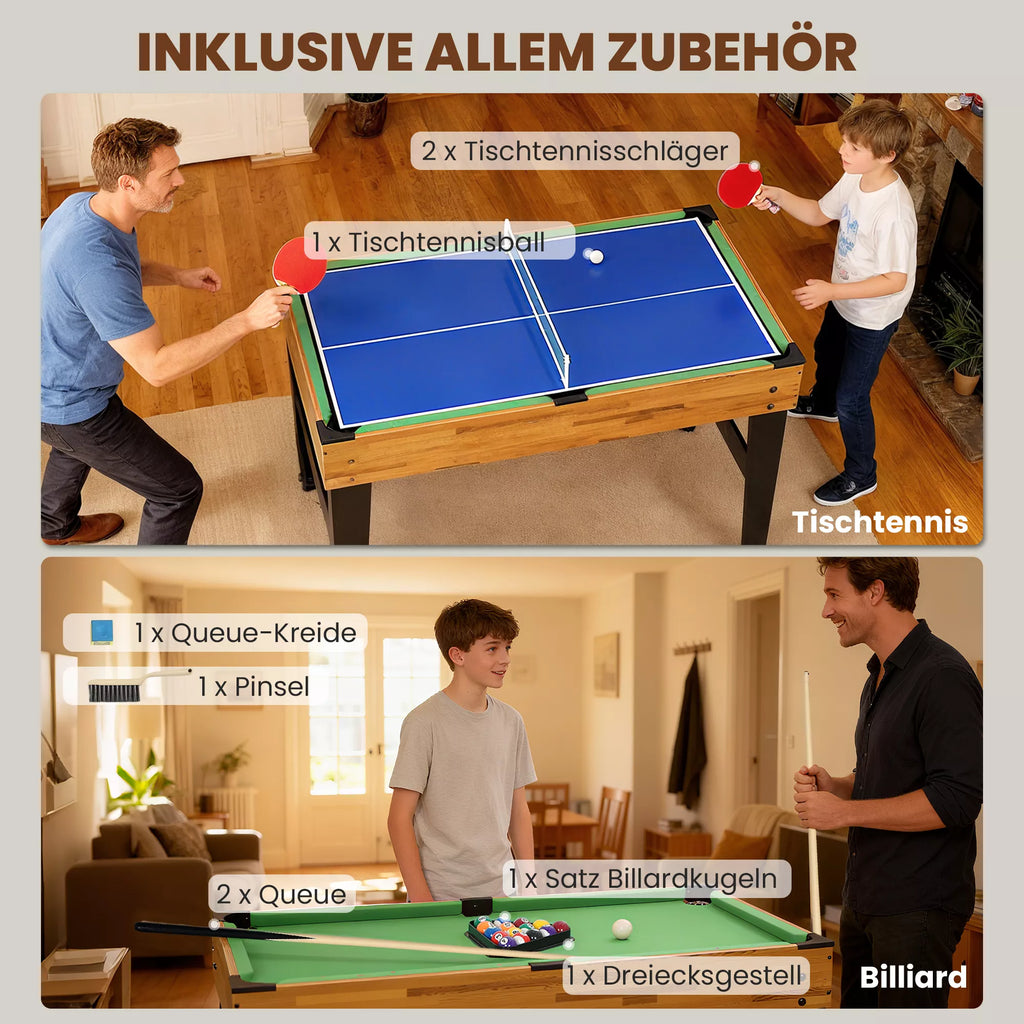 13-funkcijų žaidimų stalas: stalo futbolas, šachmatai, biliardas, stalo tenisas ir dar daugiau; MDF, plastikas, riešutmedžio mediena