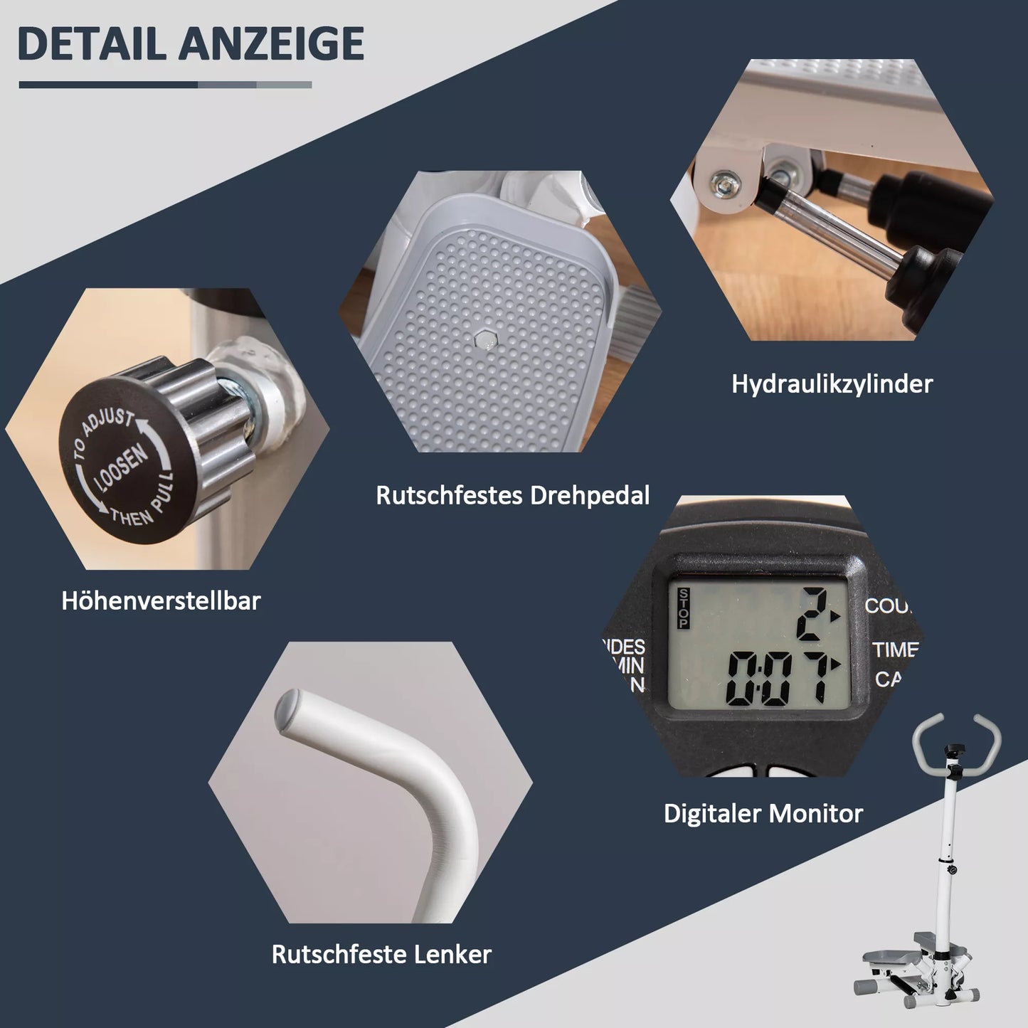 Namų treniruoklis-steperis su LCD ekranu, reguliuojamas greitis, metalas, ABS, 55 x 53 x 118–128 cm