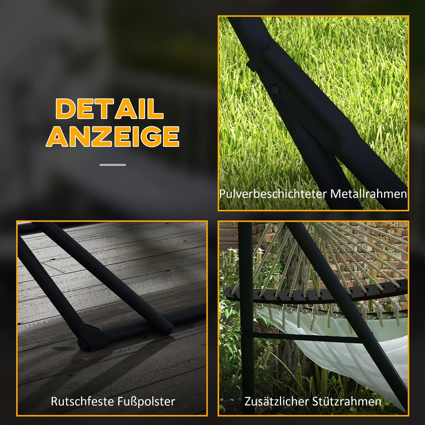 Hamako stovas su hamaku Stovas hamakui, 263 cm x 89 cm x 100 cm, juodas + baltas