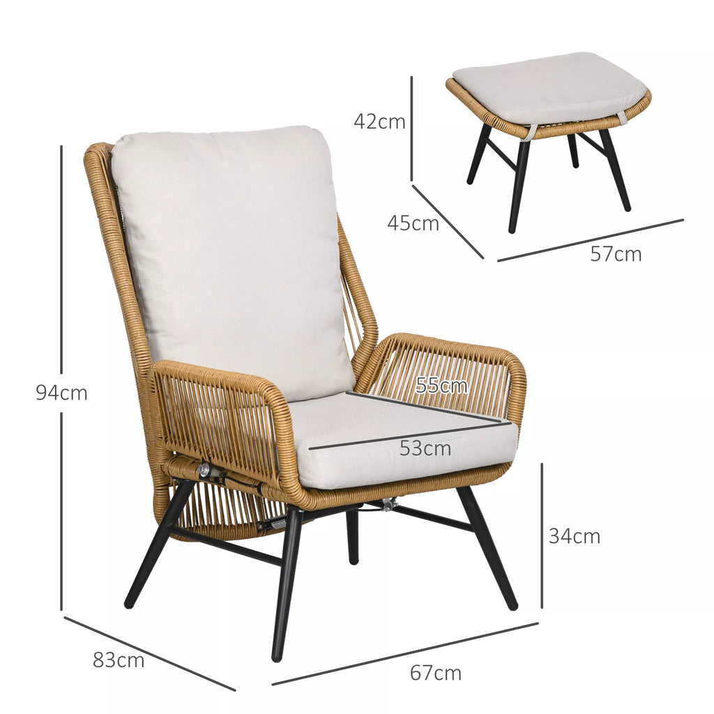 Polyrattan sodo kėdė ir taburetė, reguliuojamas atlošas, šviesiai ruda/pilka/juoda