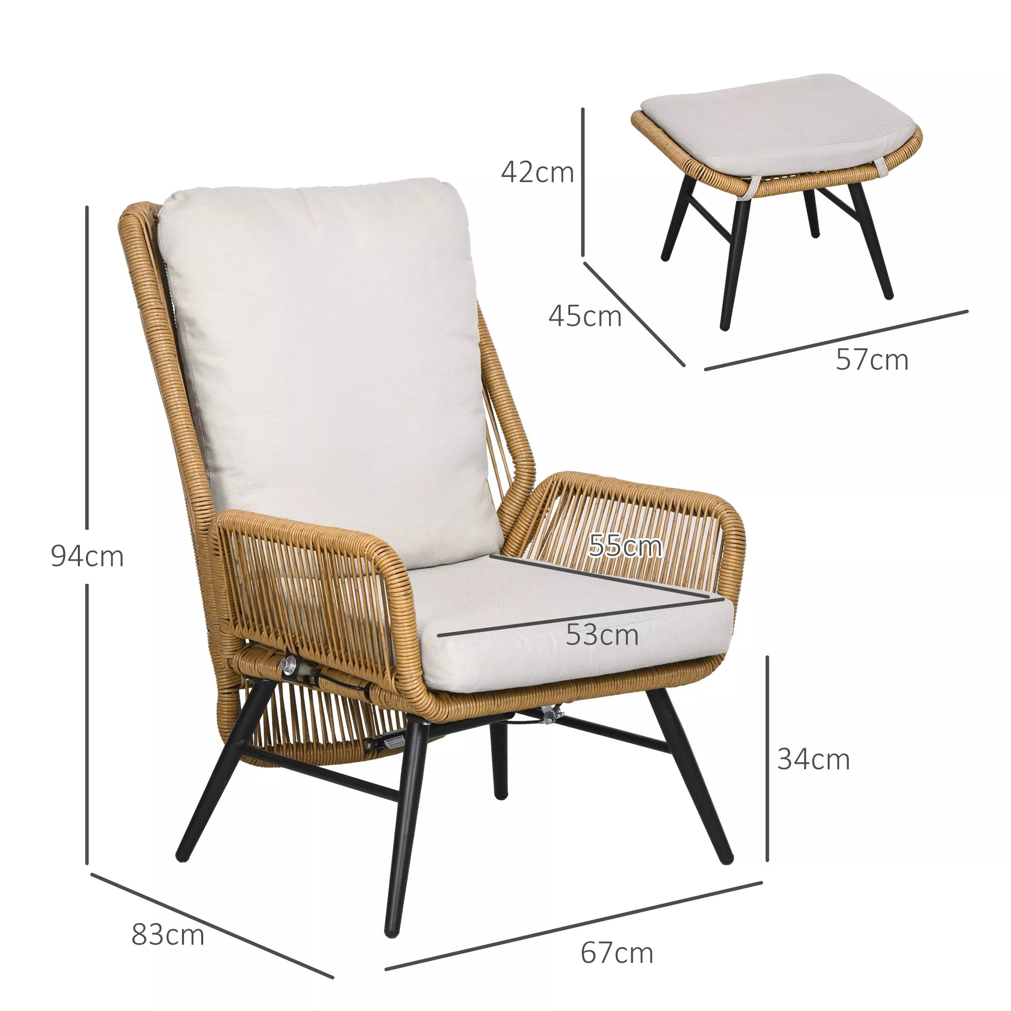 Polyrattan sodo kėdė ir taburetė, reguliuojamas atlošas, šviesiai ruda/pilka/juoda