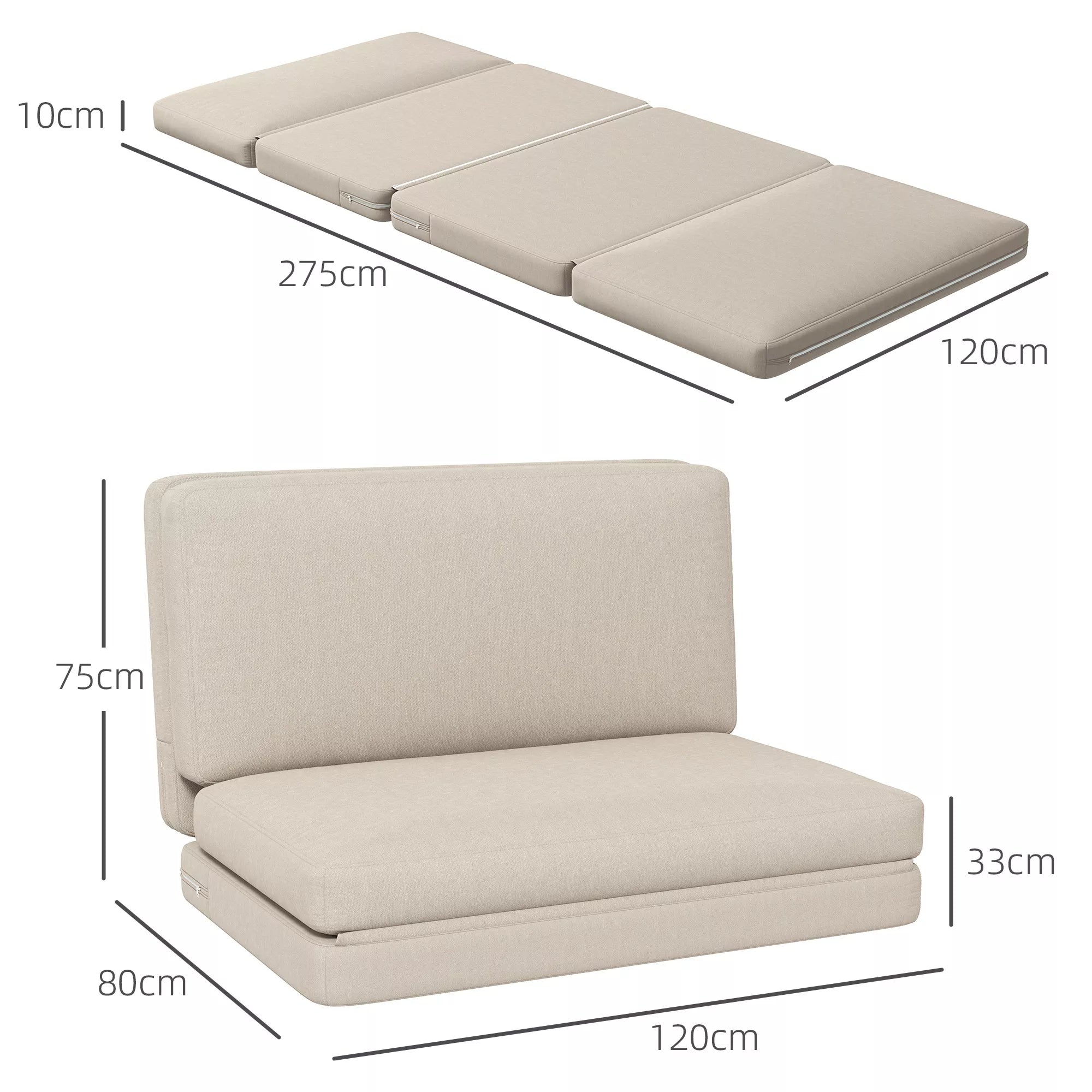 2-in-1 sulankstomas poilsio krėslas, svečių čiužinys, dalomas, 120 cm pločio, smėlio spalvos