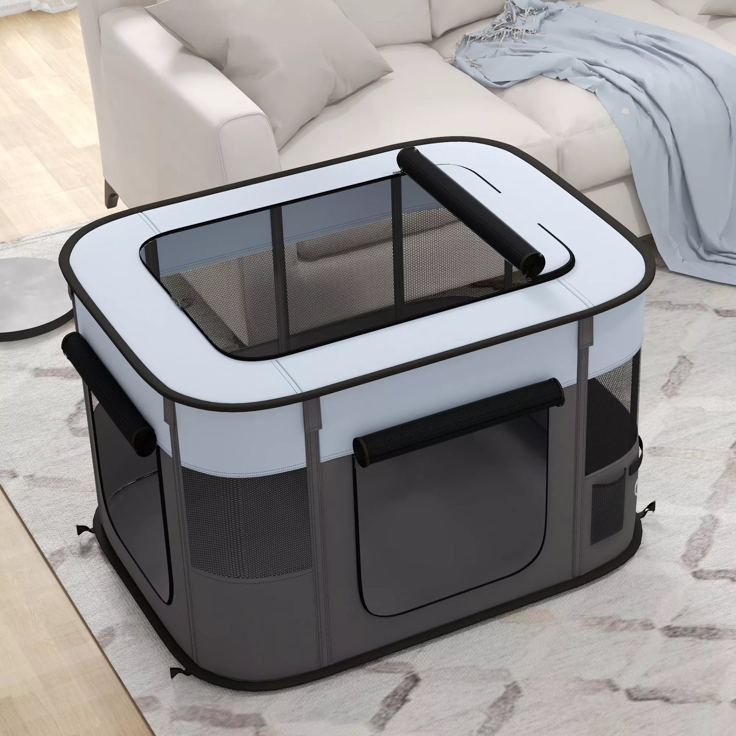 Sulankstomas žaidimų aptvaras naminiams gyvūnams su laikymo krepšiu, skirtas šuniukams ir kačiukams, naudoti lauke ir viduje, pilkos spalvos