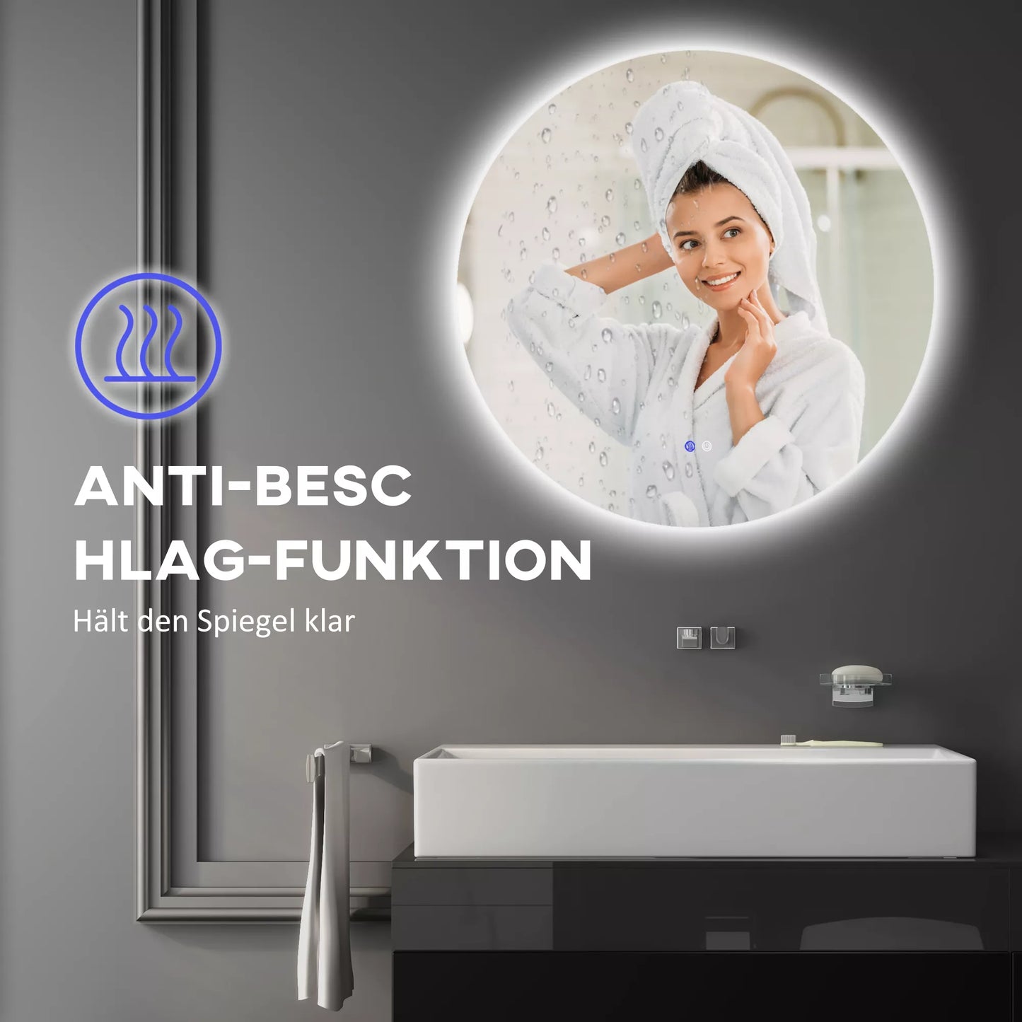 Vonios veidrodis, LED, spalvų keitimas, apsauga nuo rasojimo, jutiklinis jungiklis, IP44, Ø 60 cm, baltas