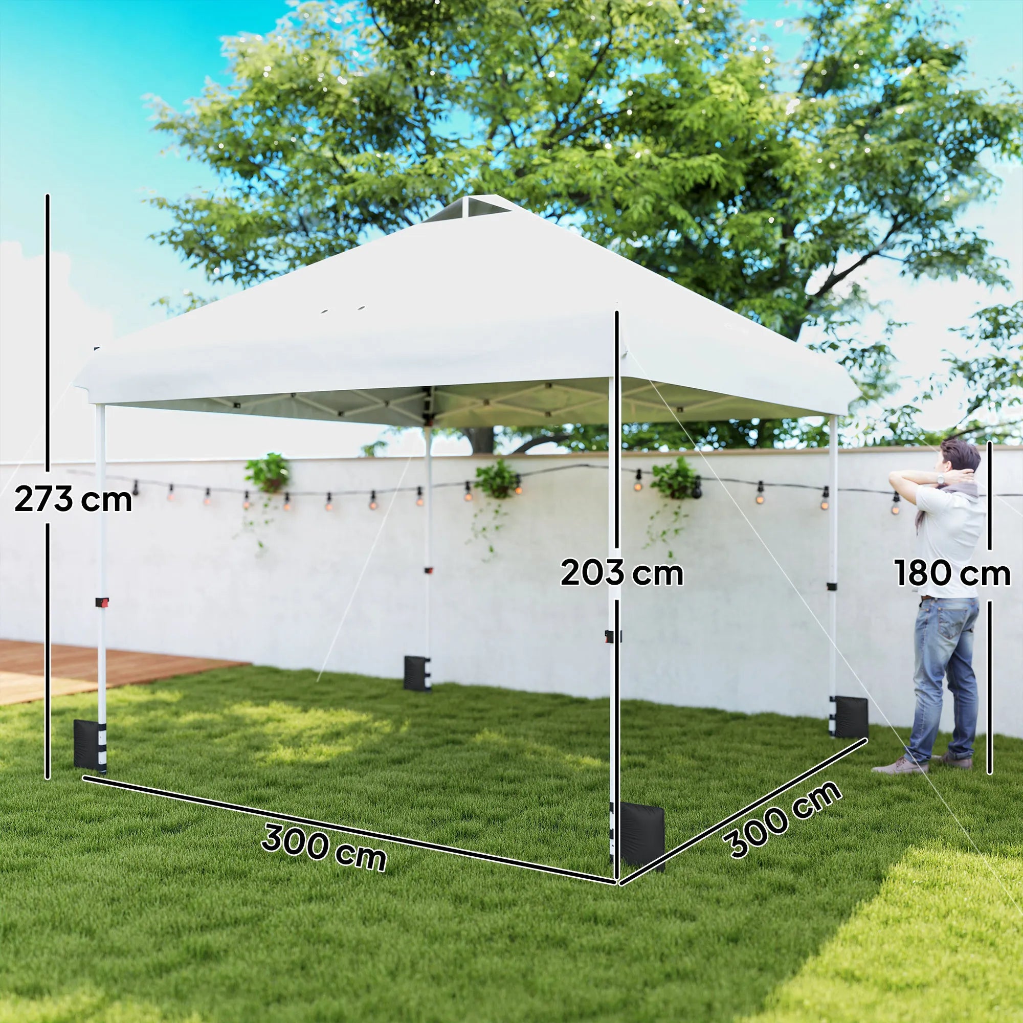Greito surinkimo sodo ir prekybinė pavėsinė, paviljonas su apsauga nuo uv spindulių, sulankstoma stoginė, plienas ir oxford audinys, 300x300x273 cm, balta