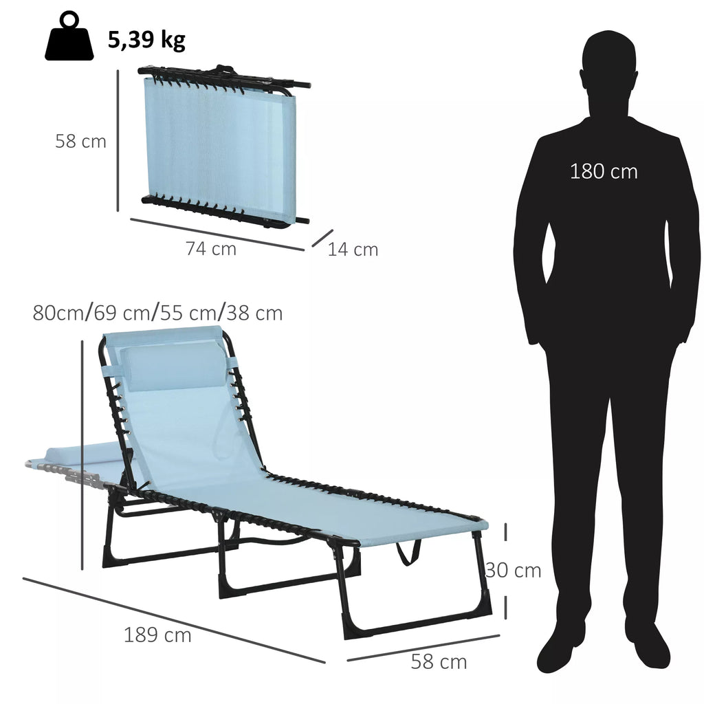 Gulto matmenų schema: ilgis 189 cm, plotis 58 cm, aukštis nuo žemės 30 cm, svoris 5,39 kg, sulankstyto dydžio ir atlošo padėčių iliustracija