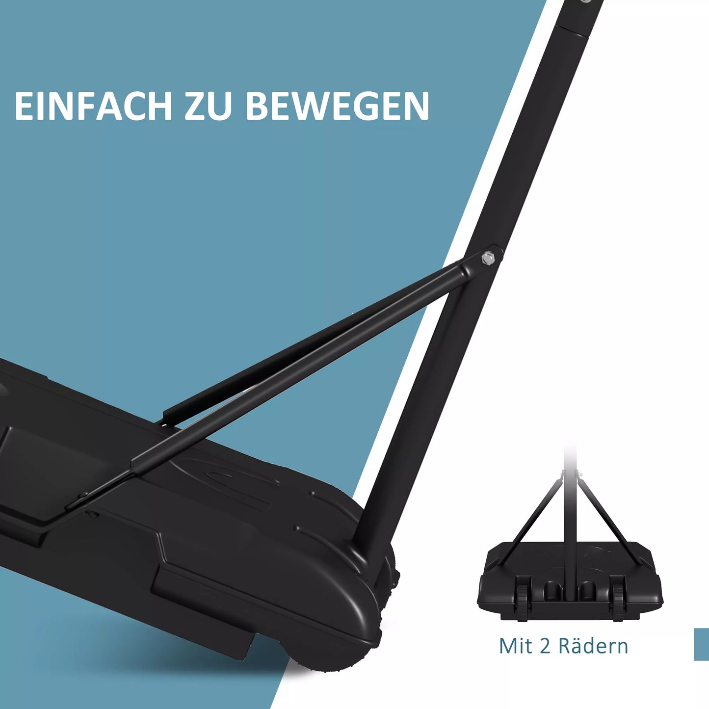 Mobilus krepšinio stovas, reguliuojamo aukščio, užpildomas, su atsparia dūžiams galine plokšte, krepšio aukštis 1,82 - 2,13 m, juodas