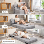 Grindų sofa, minkšta sofa, transformuojama į čiužinį, putplastis, pagalvėlės, šviesiai pilka
