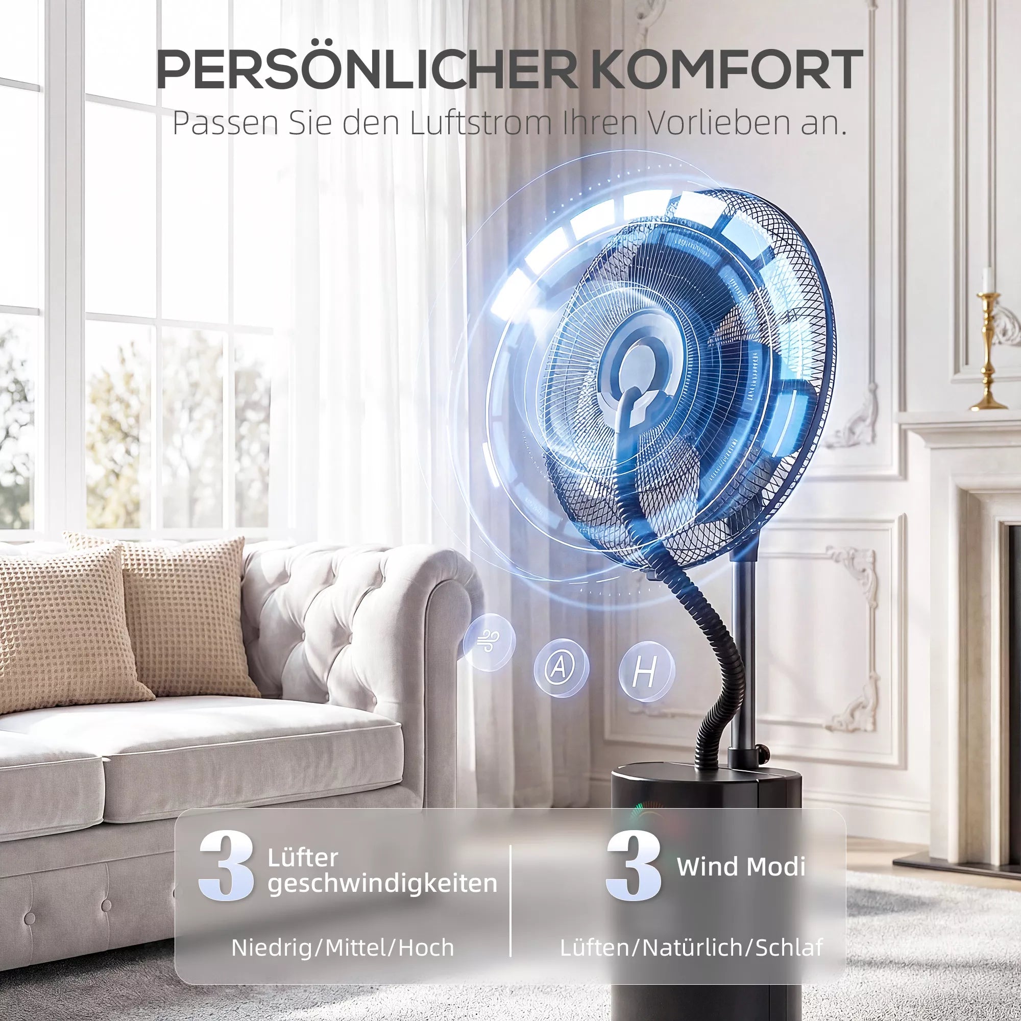 4-in-1 stovas ventiliatorius su vandens rūko funkcija, oro valytuvu, apsauga nuo uodų, 9 valandų laikmačiu, 3 režimais ir nuotolinio valdymo pultu, juodos spalvos